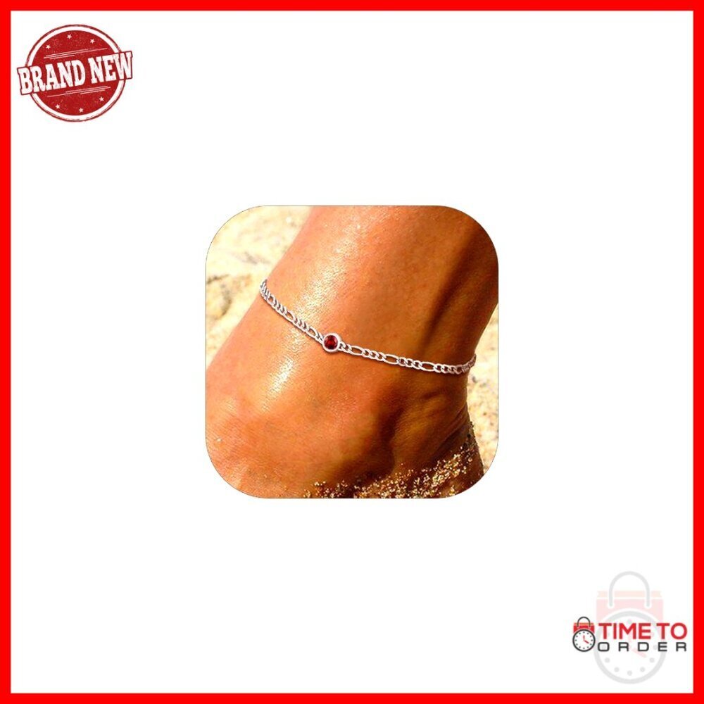 Sterling Silver Anklet with Birthstone, Figaro Chain, Adjustable 8.5-10.5 Inch